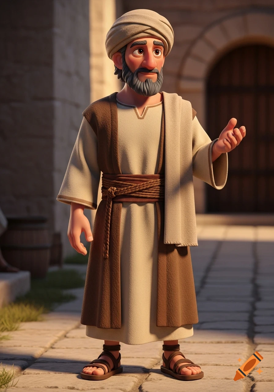 A 3D Pixar-style portrait of a bearded man in ancient Middle Eastern attire, including a turban, tunic, and sandals, in an outdoor setting.