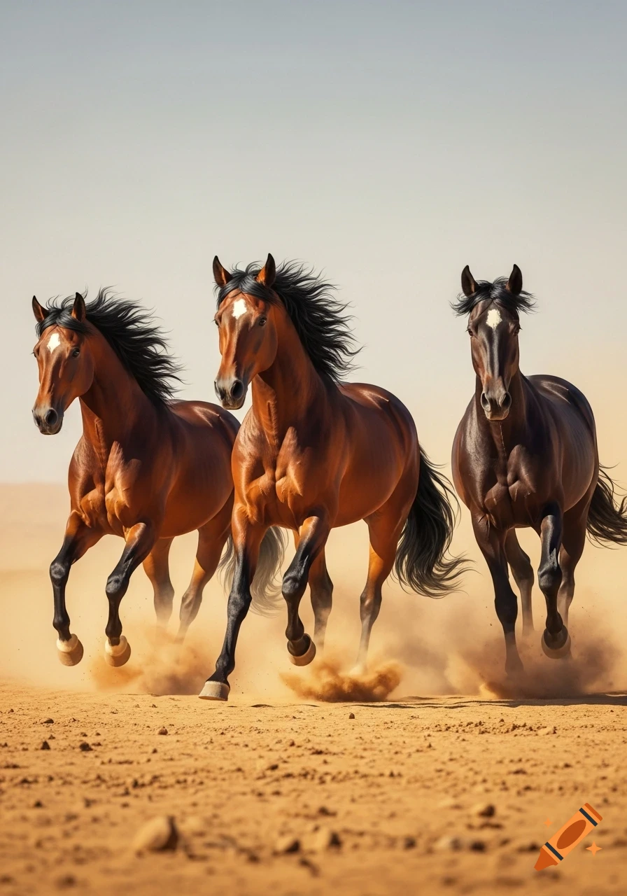 Three brown horses with dark manes and tails run through a sandy desert, kicking up dust.