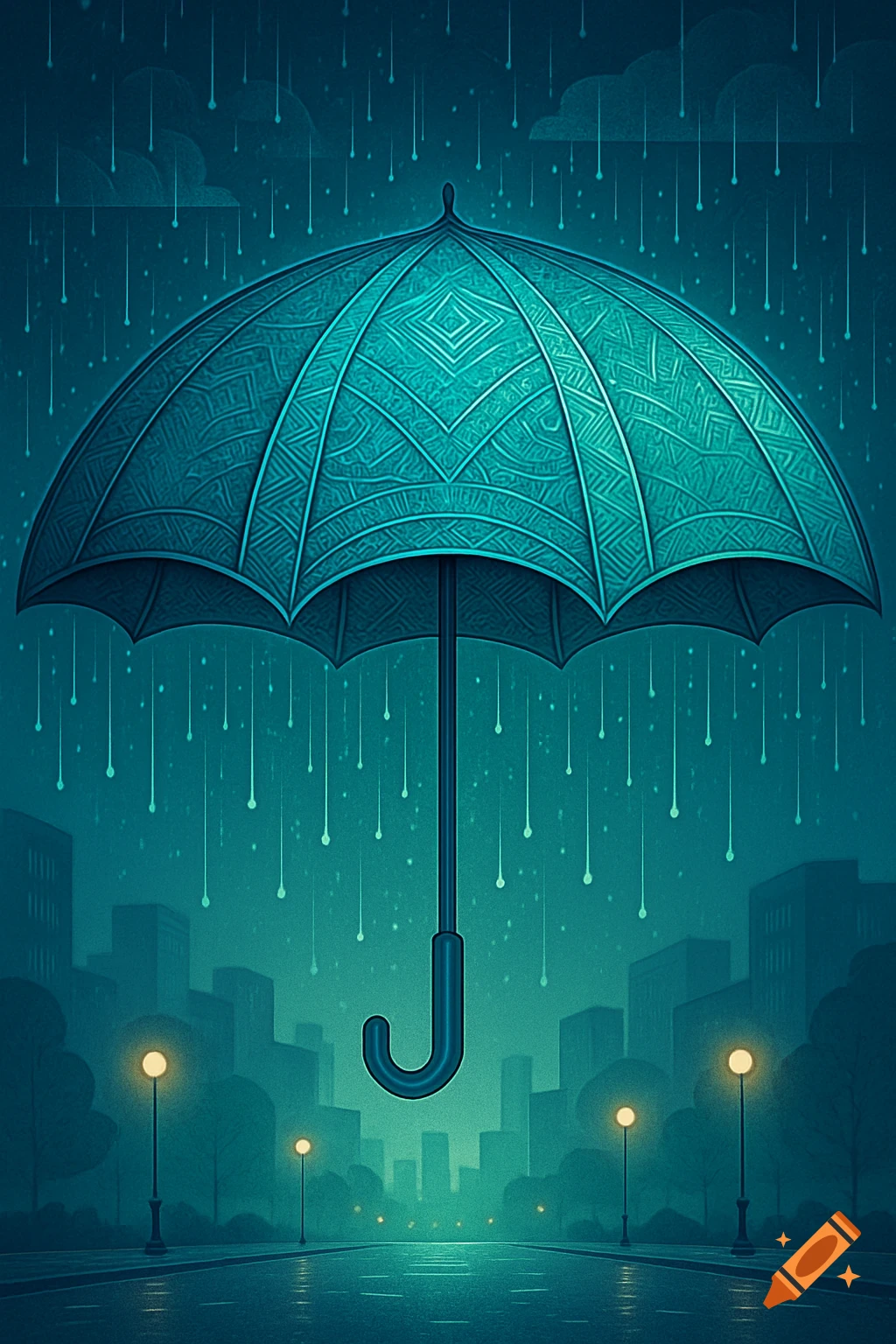 A large stylized teal umbrella floats over a rainy city street at night, with glowing streetlights and buildings in the background.