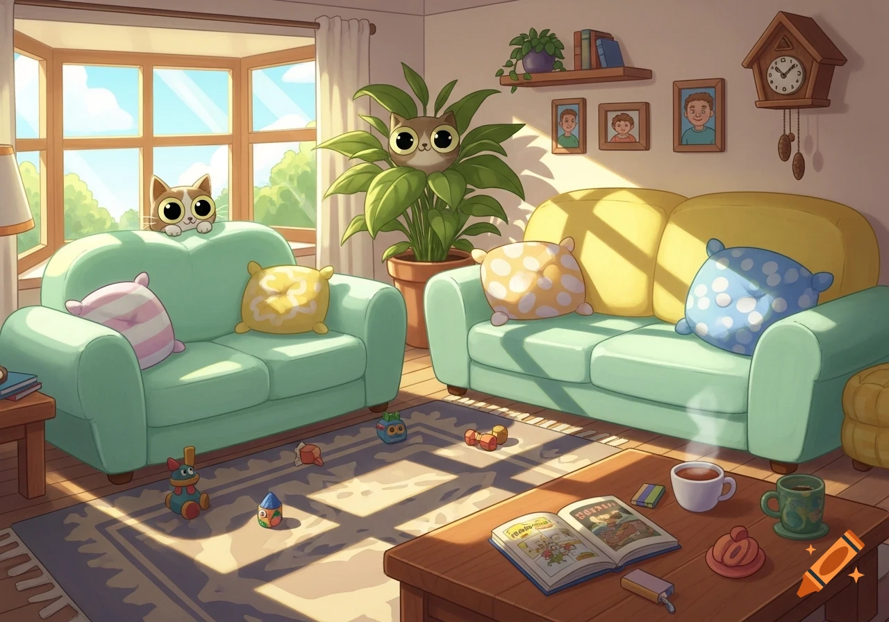 Cartoon living room with two big-eyed cats, toys on the rug, and a book on a coffee table, bathed in sunlight.