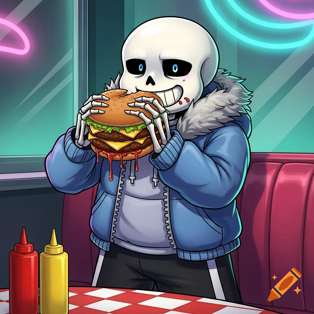 Cartoon Sans the skeleton from Undertale enthusiastically eats a large, messy burger in a retro diner.