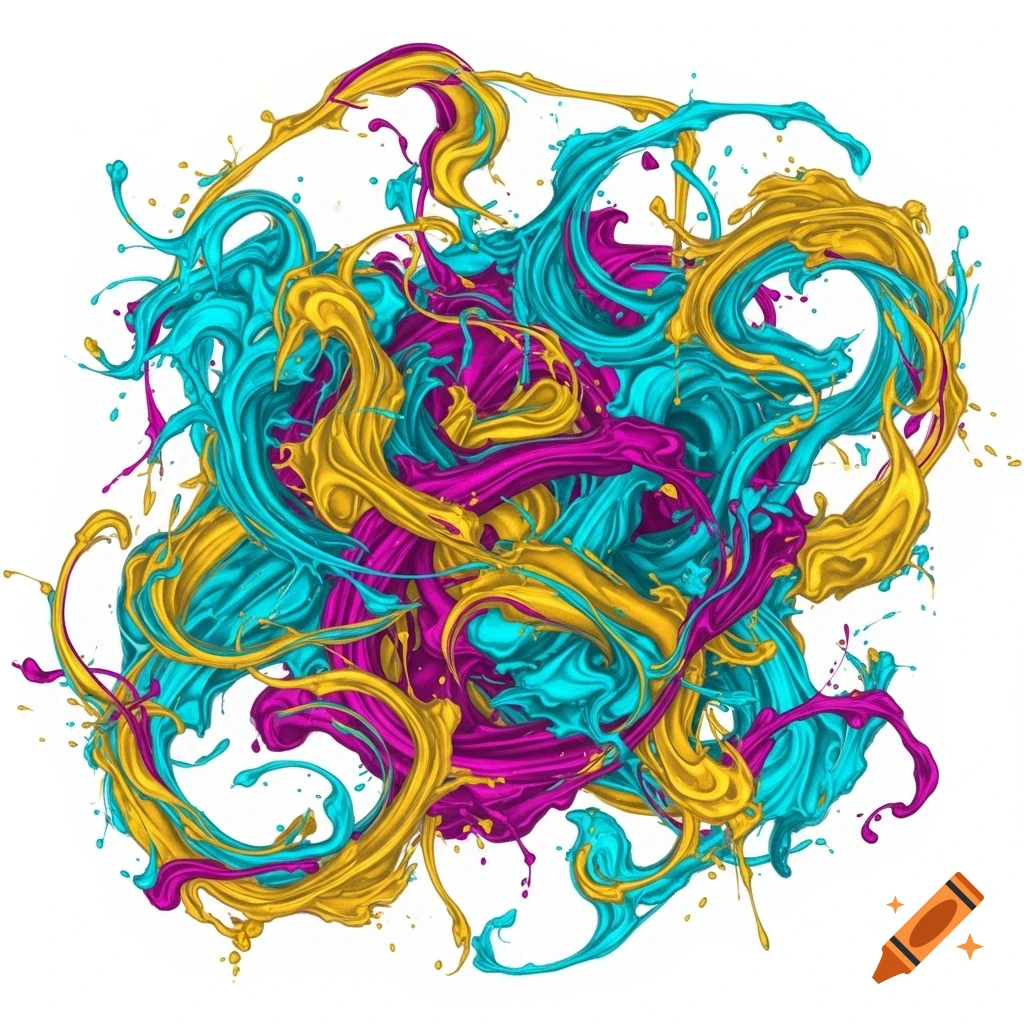 Vibrant abstract swirls of teal, magenta, and gold paint splash and intertwine on a white background.