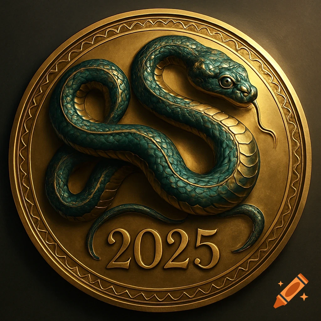 A detailed gold coin features a green and gold snake coiled around the numbers 2025.