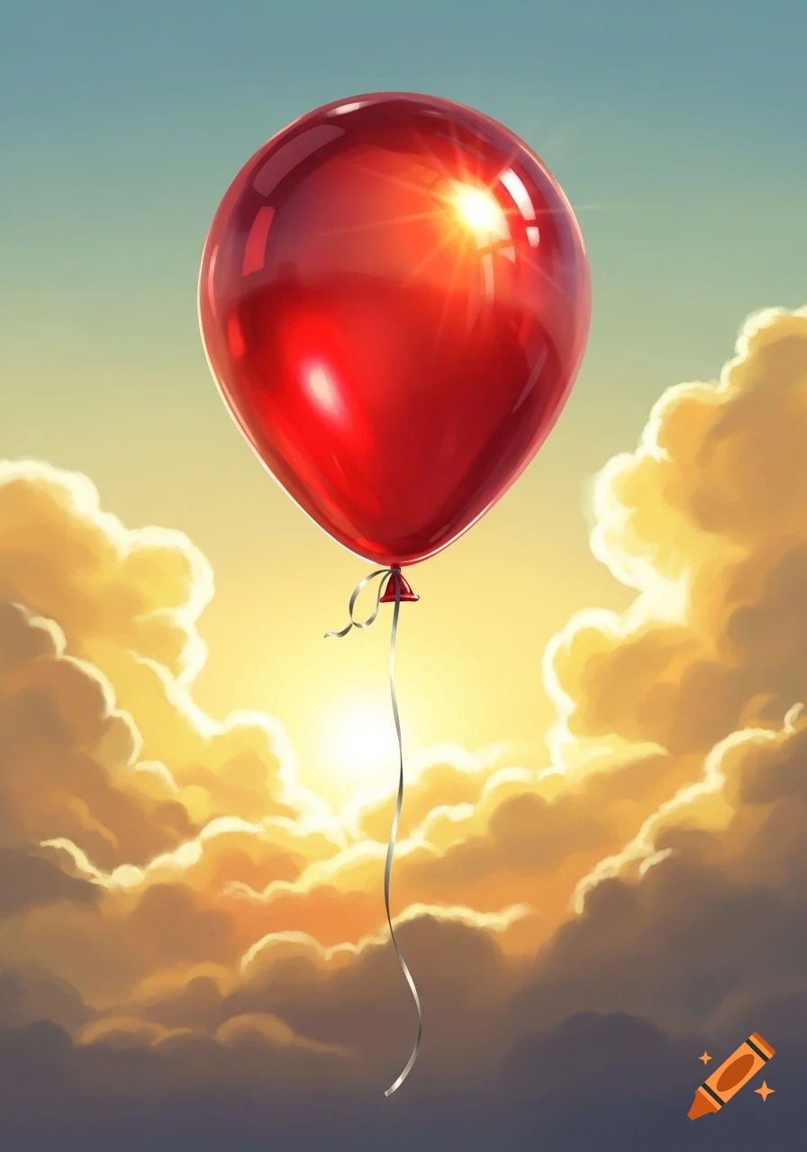 A glossy red balloon floats in a bright blue and golden sky with sunlit clouds.