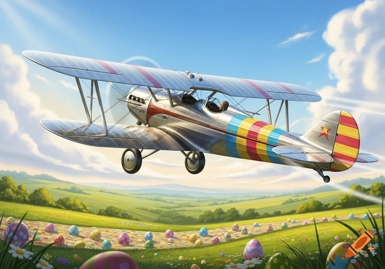 A colorful biplane with red stripes on its wings and a multi-colored tail flies over a grassy field filled with Easter eggs.