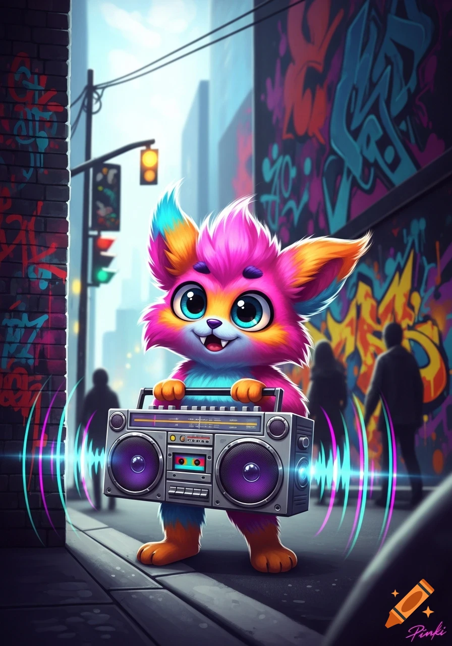 Vibrant cartoon creature with big eyes holding a boombox on a graffiti-covered city street.