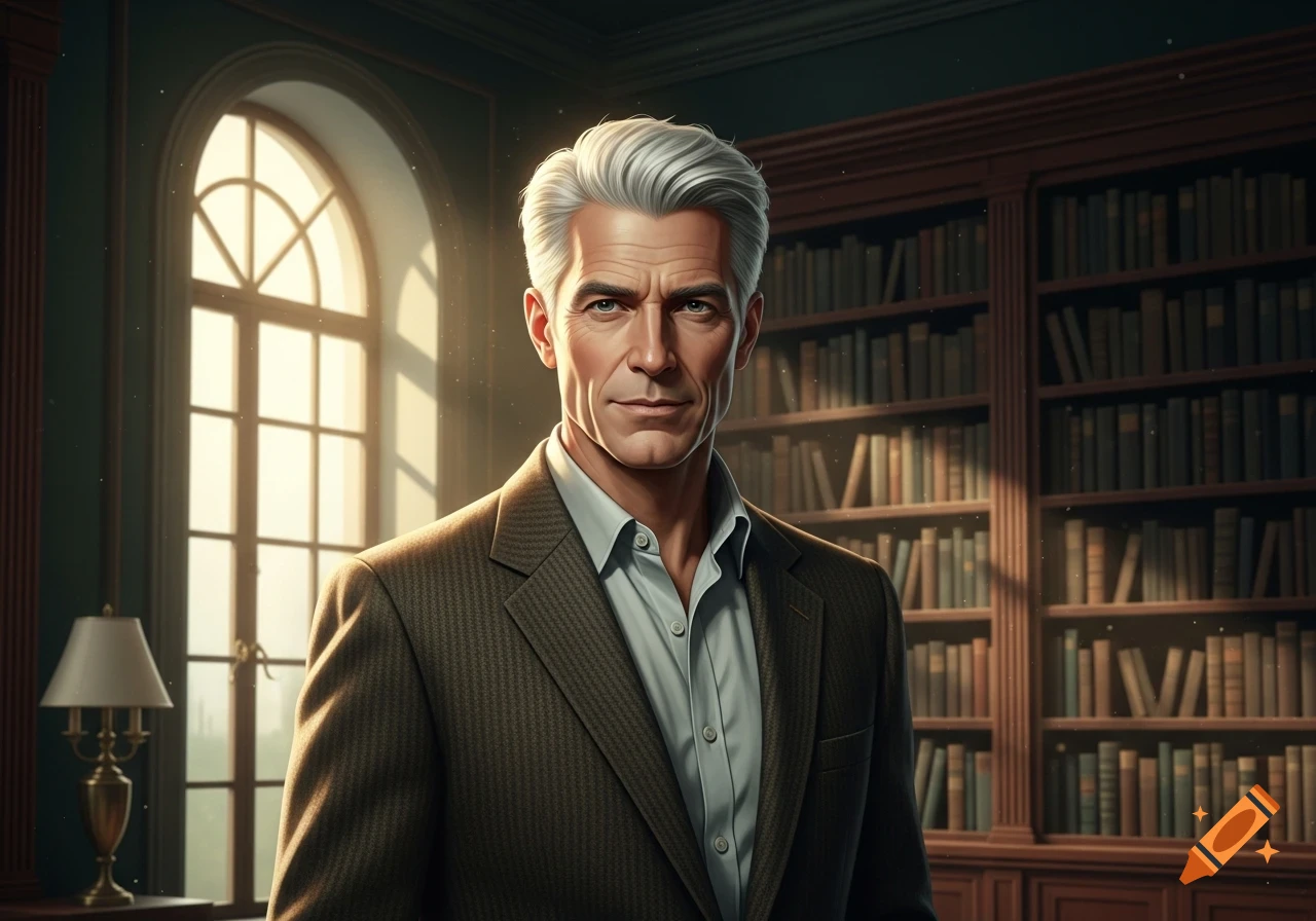 A distinguished older man with white hair and a suit looks forward in a grand library with an arched window, photorealistic style.