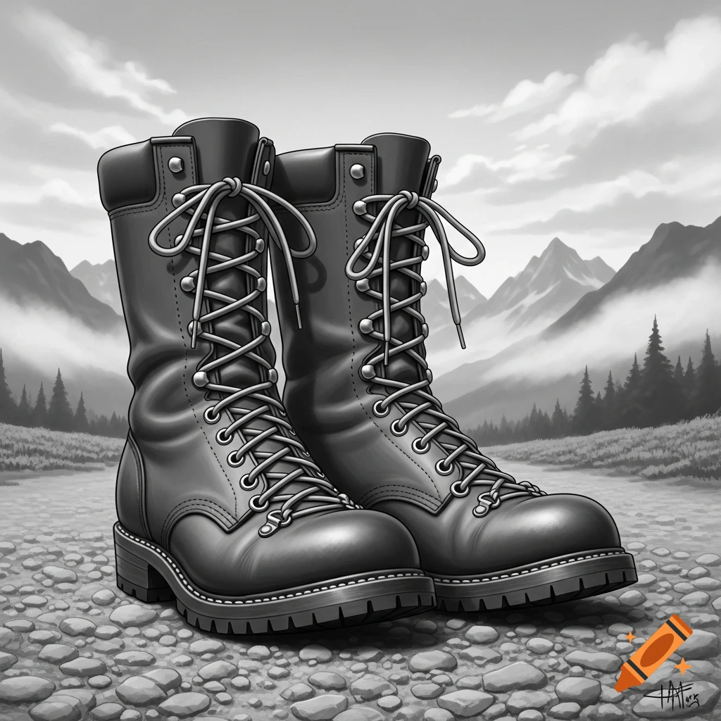 A pair of black and white vintage tall hiking boots with detailed laces stands on a rocky path, mountains and forest in background.