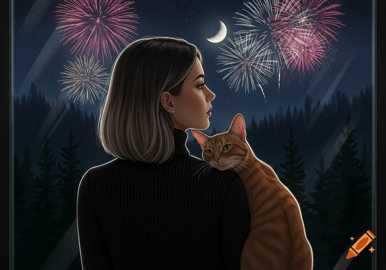 Woman and cat look out a window at a night sky filled with colorful fireworks and a crescent moon, in an illustrative style.