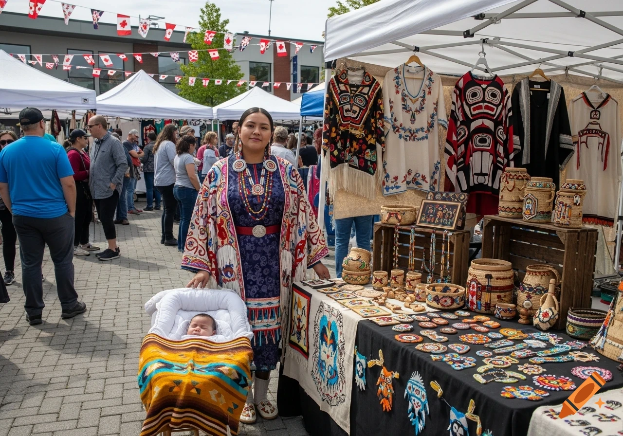 A Canadian Indigenous woman in traditional dress stands next to a market stall with crafts, a baby sleeps in a carrier next to her.