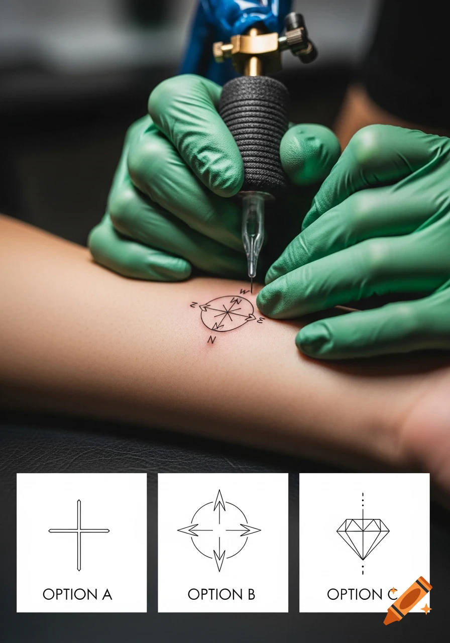Close-up of a tattoo artist in green gloves applying a small compass tattoo to a forearm, with three minimalist tattoo design options below.