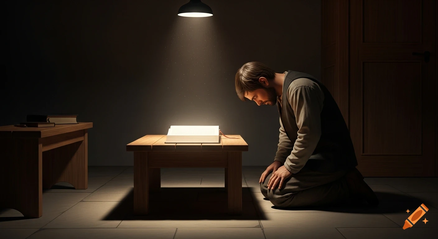 A man kneels on the floor in a dimly lit room, bowing his head before an open, glowing book on a table, with light shining down from above.