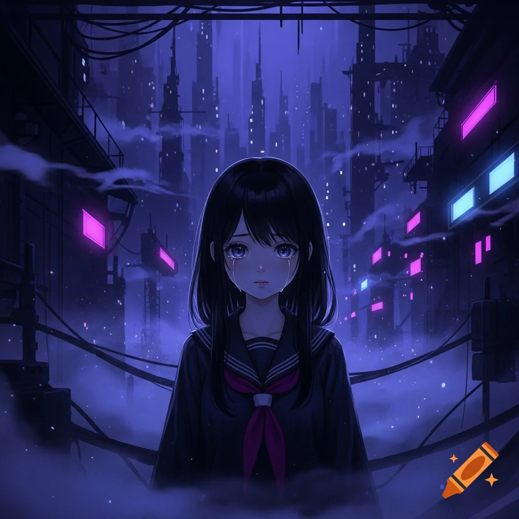 Anime girl with black hair and a sailor uniform, crying in a dark cyberpunk city illuminated by neon lights.