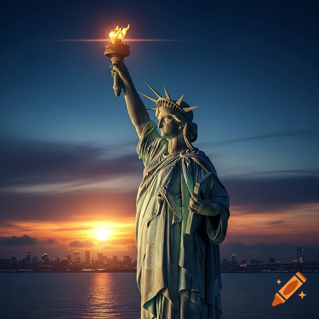 Statue of Liberty silhouetted against a vibrant sunset sky, with a city skyline and water in the background.