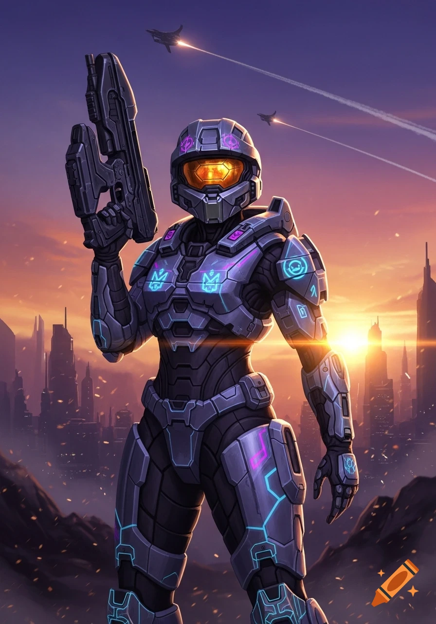 Female warrior in purple and grey futuristic power armor holding a rifle, standing before a city at sunset with jets flying above.