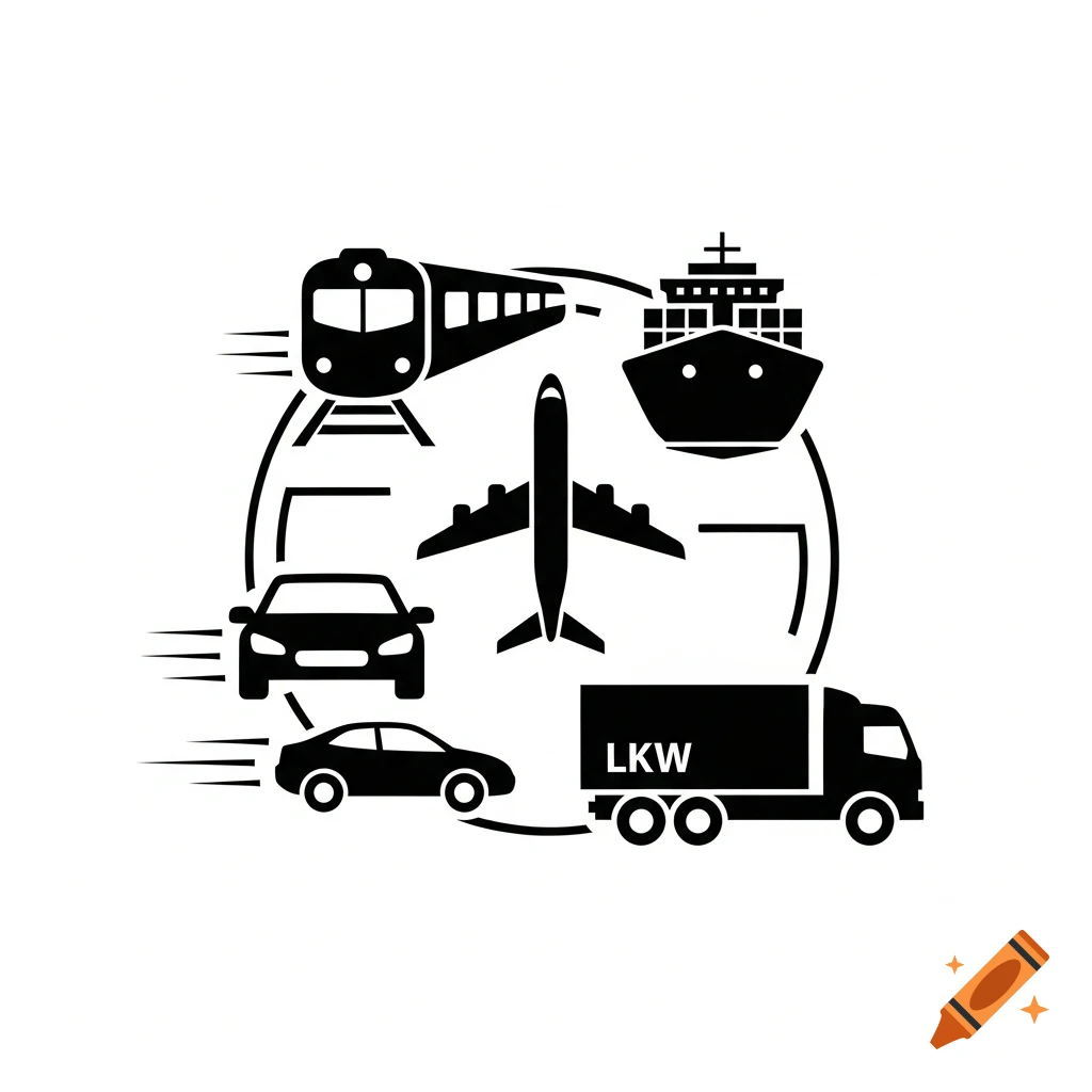 Black and white pictogram illustrating various modes of transport including train, airplane, container ship, car, and truck in a circular flow.