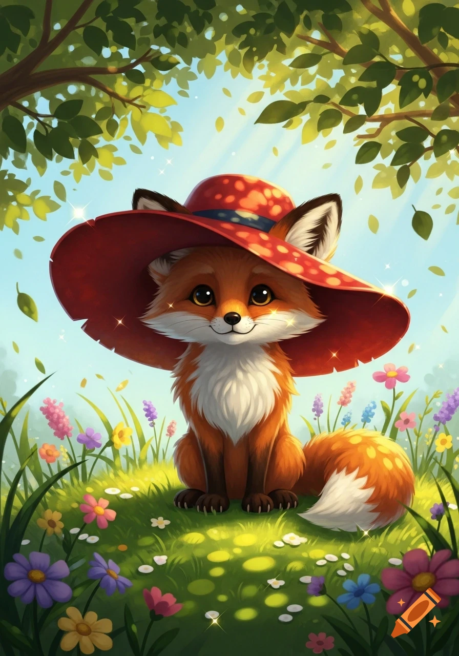 A cute, stylized fox wearing a wide-brimmed red hat sits in a vibrant green meadow filled with colorful flowers under a sunny sky.