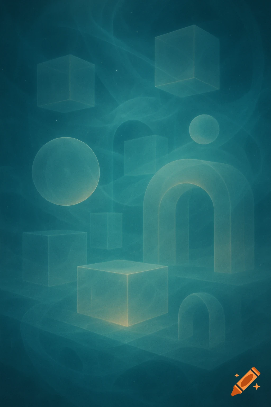 Abstract image of translucent cubes, spheres, and arches glowing faintly in a misty teal-blue space.