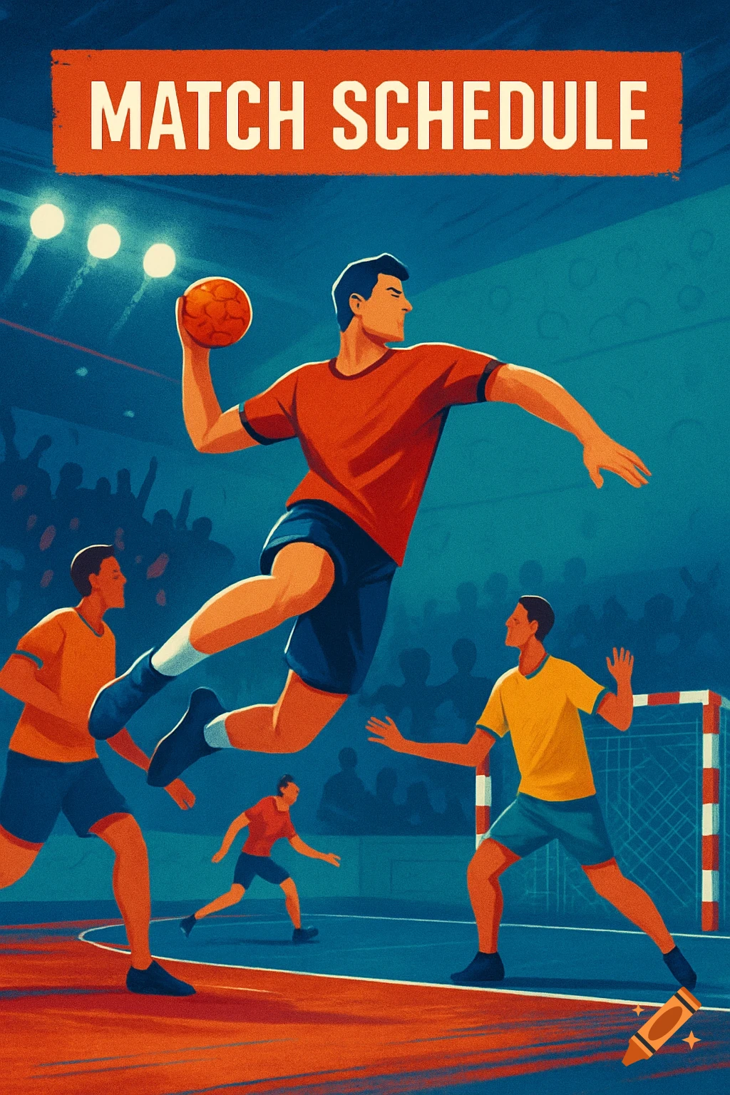 Stylized illustration of handball players on a court, one jumping to throw a ball, with a 'MATCH SCHEDULE' banner.