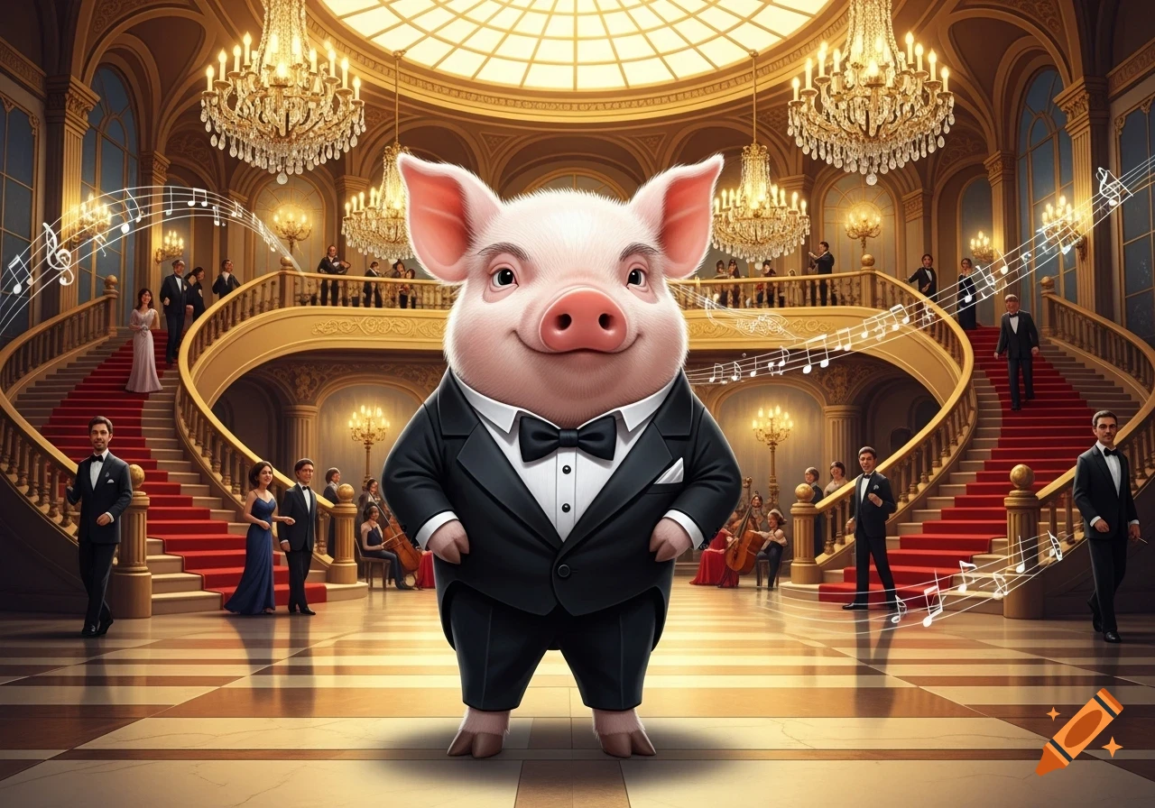 A cartoon pig in a black tuxedo stands in a grand, opulent ballroom with a red carpet and chandeliers, surrounded by guests and musical notes.