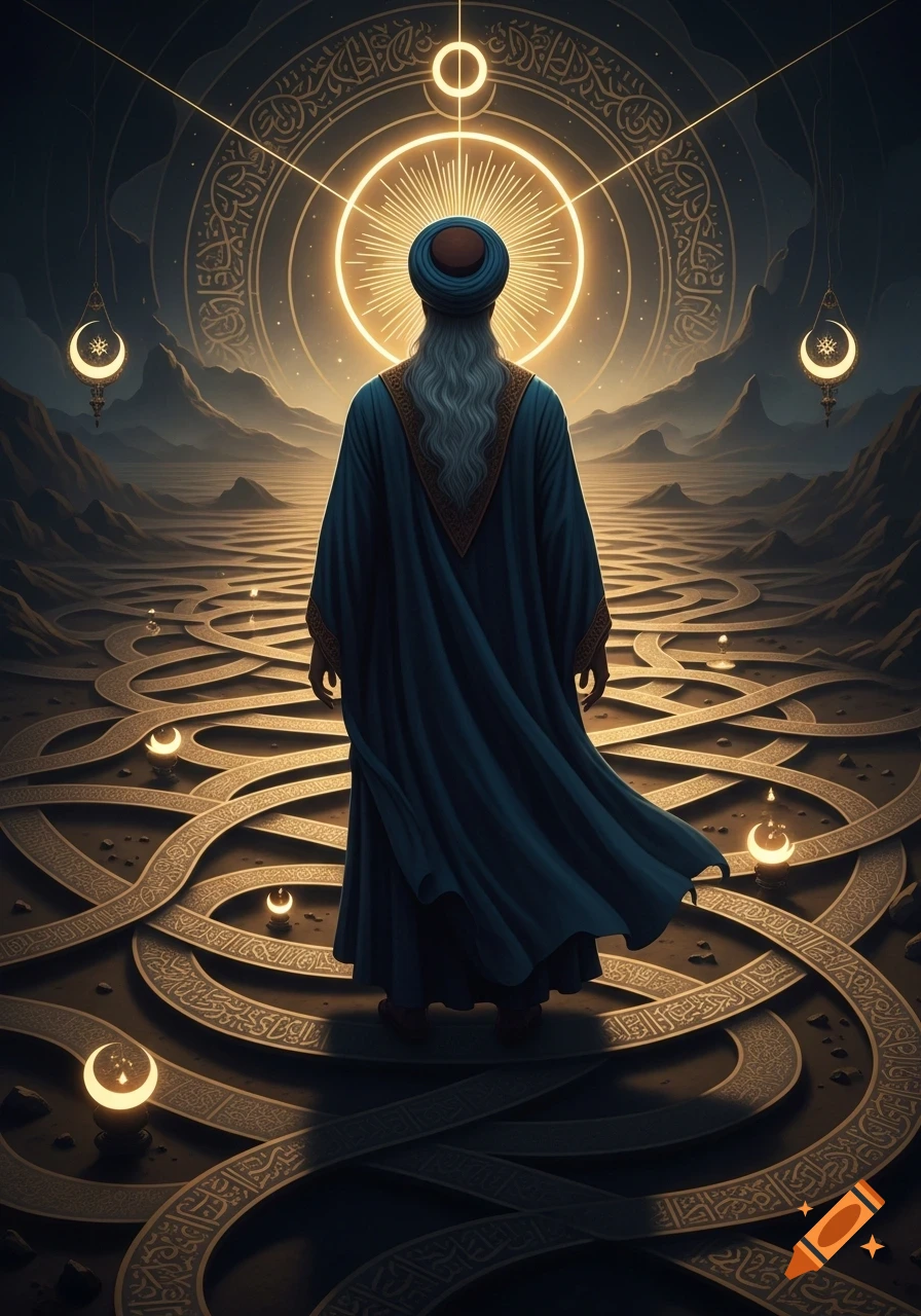 A faceless wise man in a blue robe stands before a glowing halo and a golden maze of paths in a dark, mystical landscape.