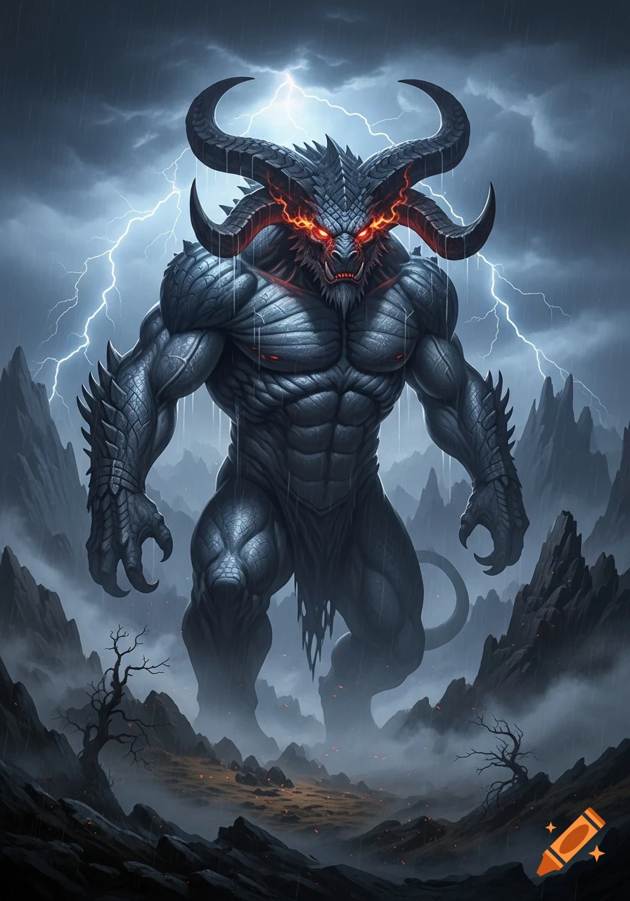 A colossal, muscular demon with glowing red eyes and large horns stands in a dark, stormy mountain landscape with lightning.