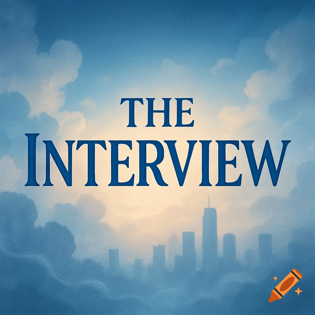Royal blue text 'THE INTERVIEW' over a cloudy blue sky with a faint city skyline silhouette below.