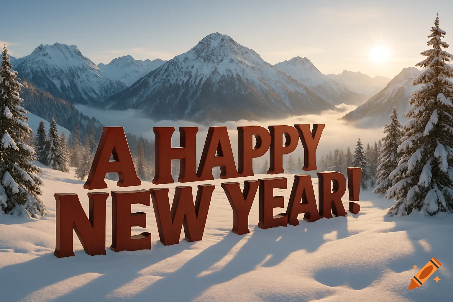 Large red-brown letters spelling "A HAPPY NEW YEAR!" stand in a snow-covered mountain landscape with pine trees under a clear sky.