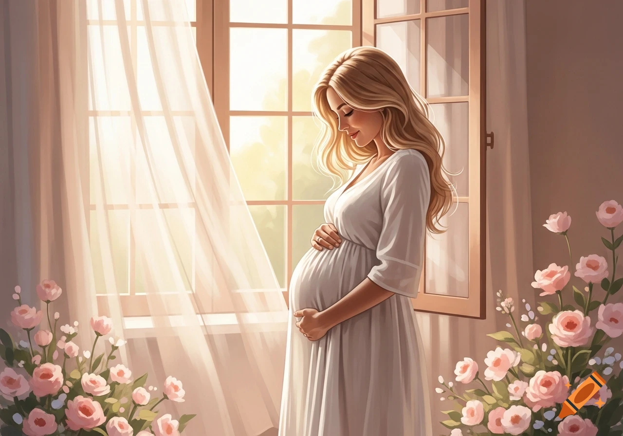 Illustrated pregnant blonde woman in a white dress gently holding her belly by a sunlit window with pink roses.