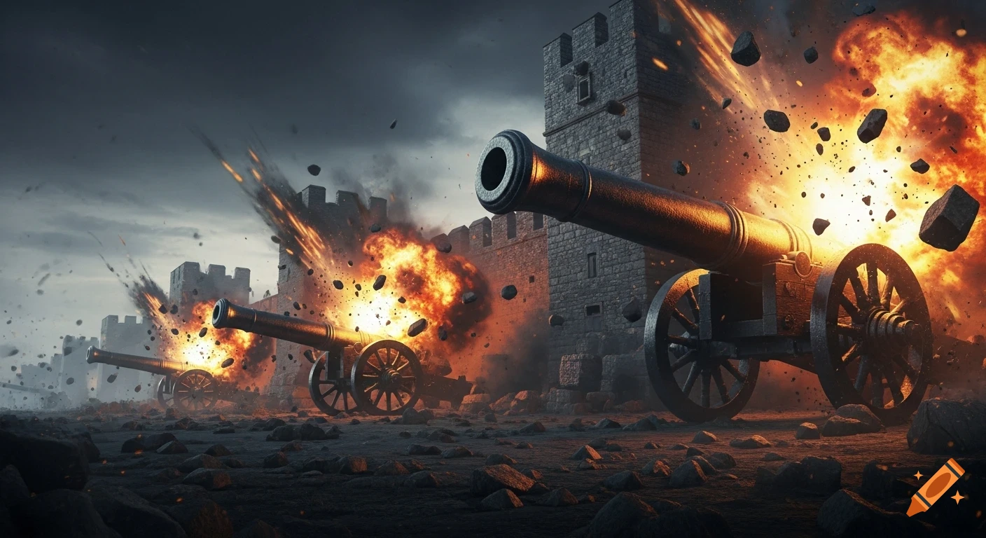 Cinematic, realistic image of giant cannons firing massive explosions at stone castle walls under a stormy sky, with flying debris.