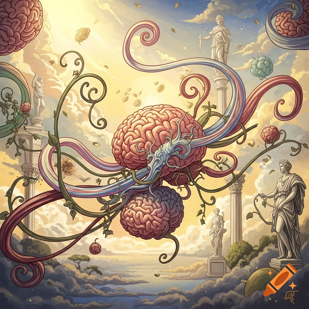 A surreal, ethereal illustration featuring floating brains, colorful ribbons, twisting vines, and classical statues amidst clouds under a bright sky.