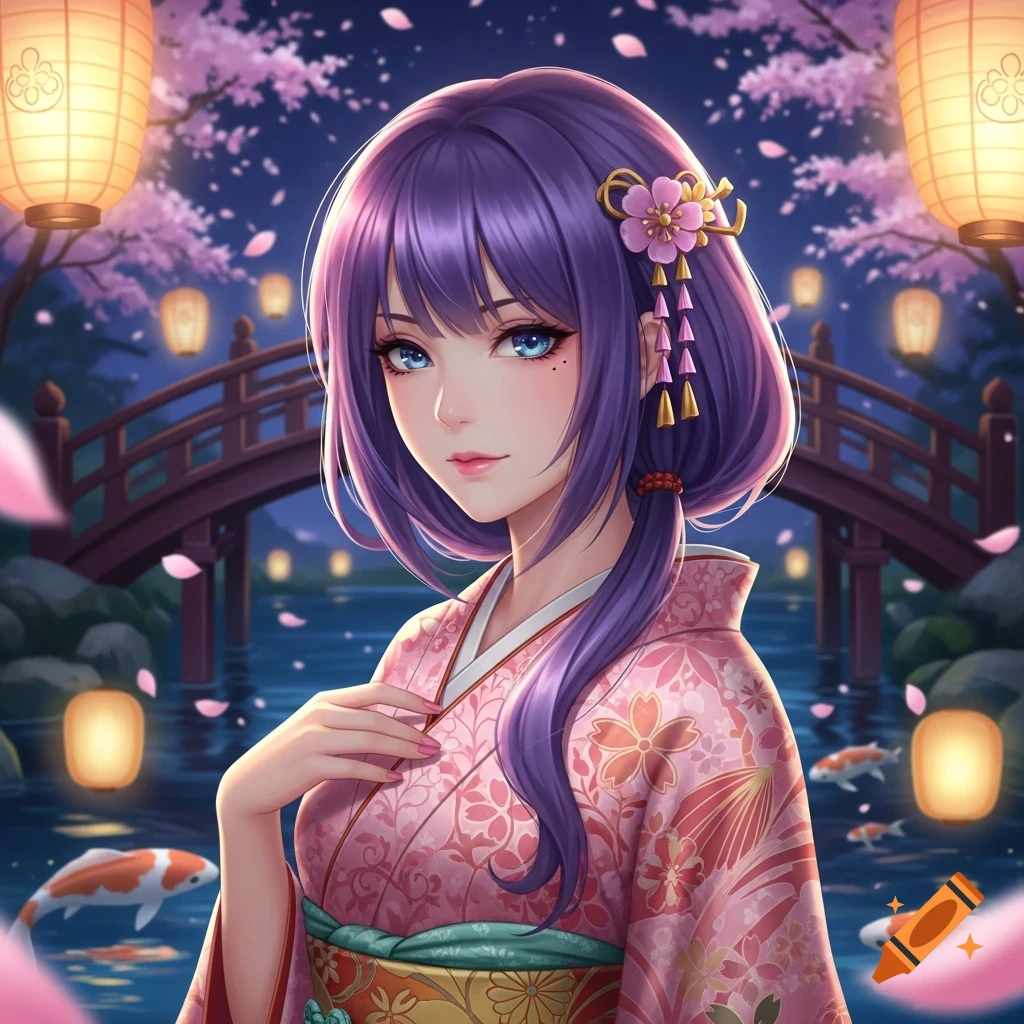 An anime woman with purple hair and blue eyes, wearing a pink kimono, stands in a moonlit Japanese garden with cherry blossoms, lanterns, and koi fish.