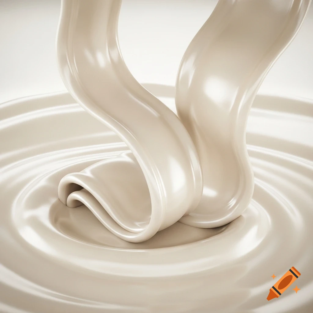 Thick, creamy white liquid pouring into a rippling pool, resembling condensed milk.