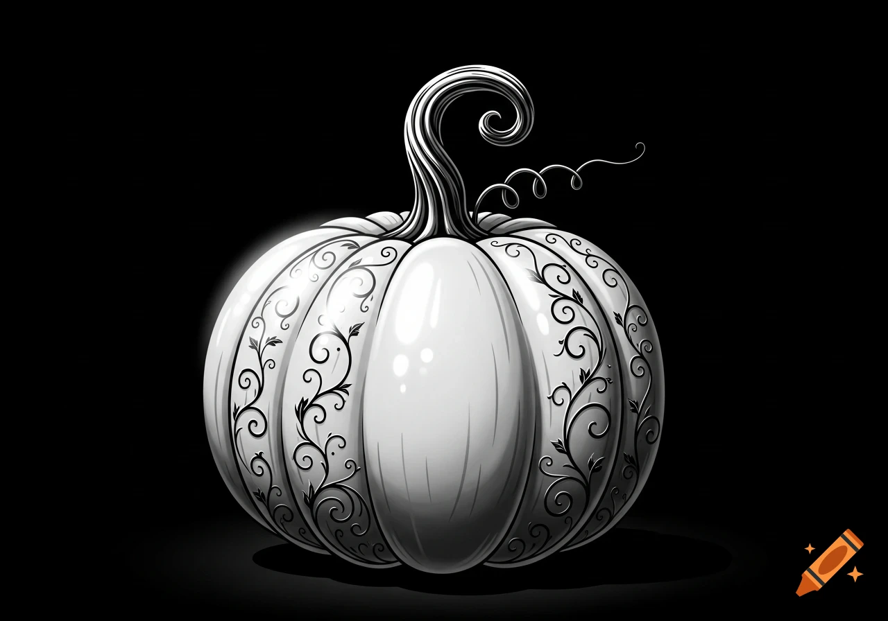 Stylized white pumpkin with black scrollwork and curly stem on a plain black background, Halloween art.