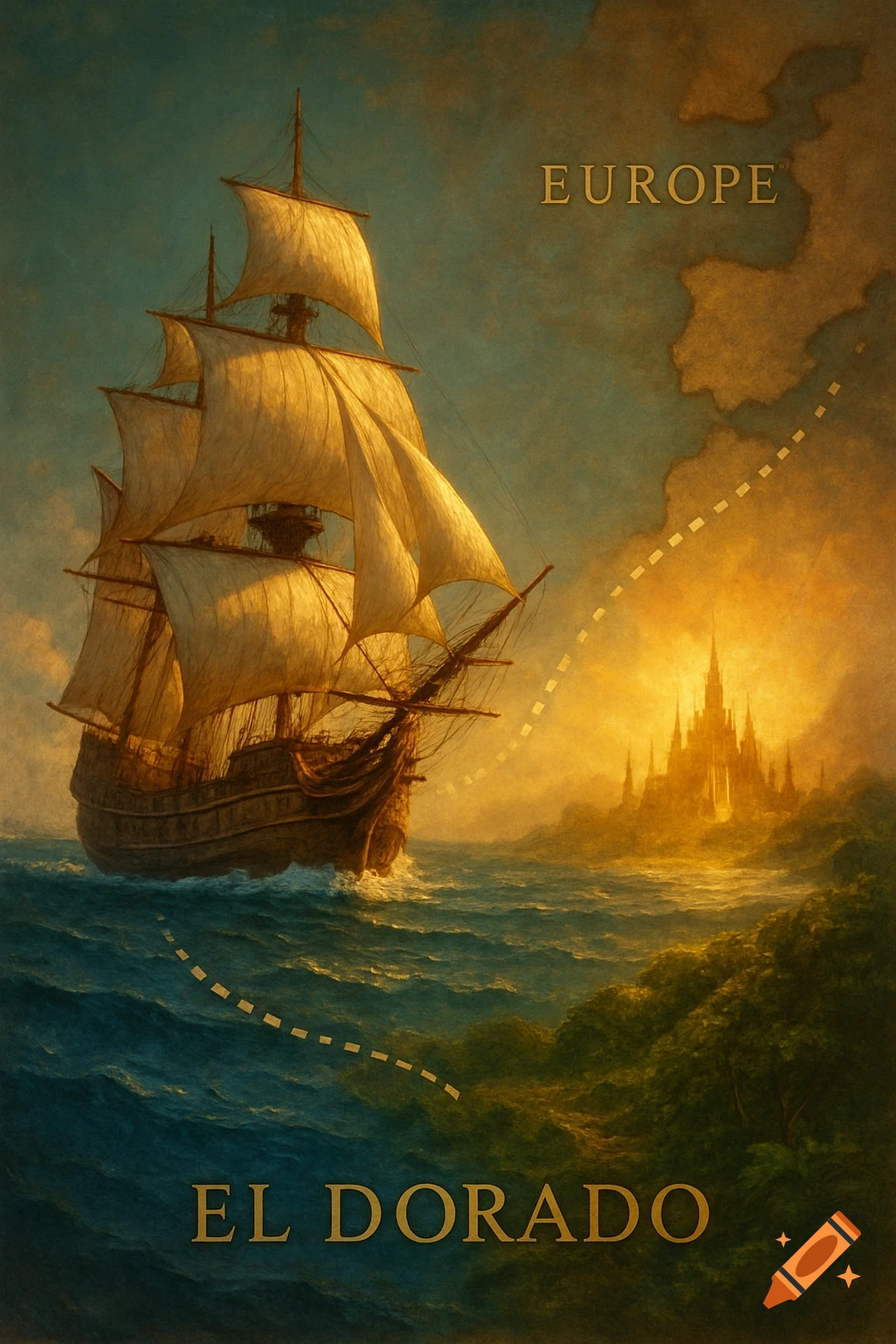 Painterly image of an ancient sailing ship on a map-like sea, with text 'EUROPE' and a glowing fantasy city 'EL DORADO'.