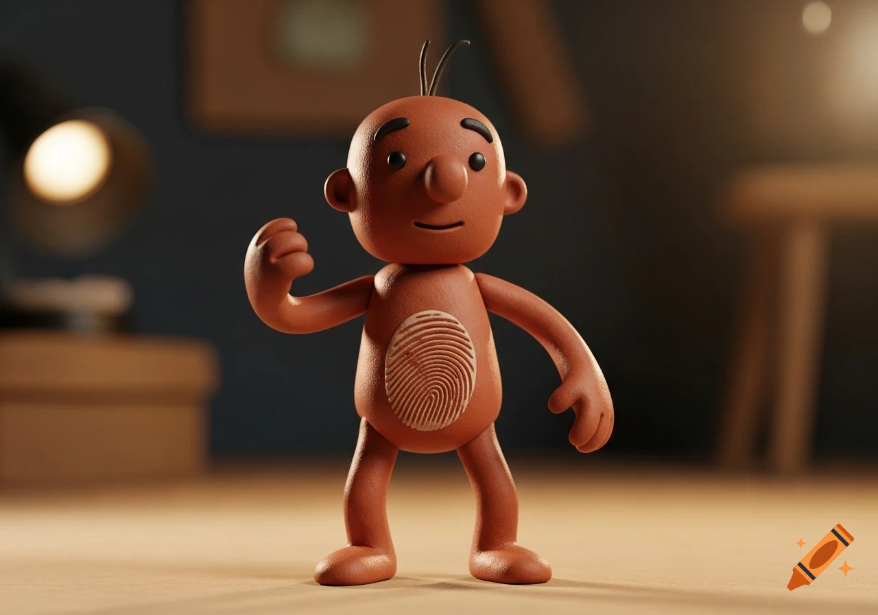 An orange-brown claymation character with a fingerprint on its belly stands in a dimly lit studio.