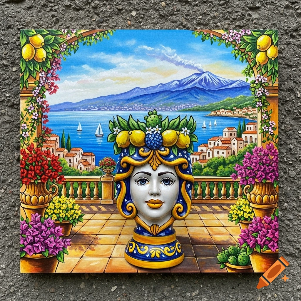 A vibrant painting featuring a ceramic 'testa di moro' bust on a baroque terrace overlooking a Mediterranean sea, with Mount Etna in the background, adorned with lemons, bougainvillea, and cacti.