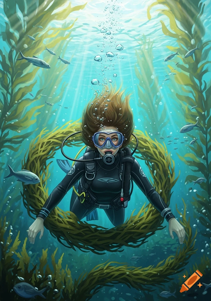 An illustrative image of a female scuba diver swimming through an underwater kelp forest with fish and bubbles.
