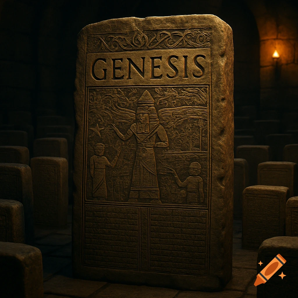 A large ancient stone tablet with 'GENESIS' carved at the top and intricate historical-style carvings below, set in a dark, mysterious chamber.