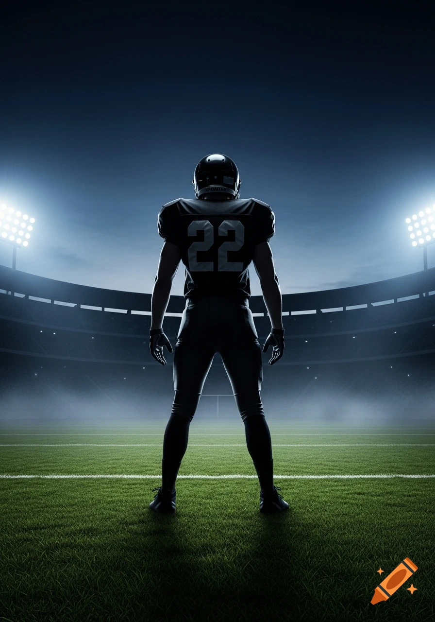 A football player with jersey number 22 stands on a field in a stadium, silhouetted against bright lights.
