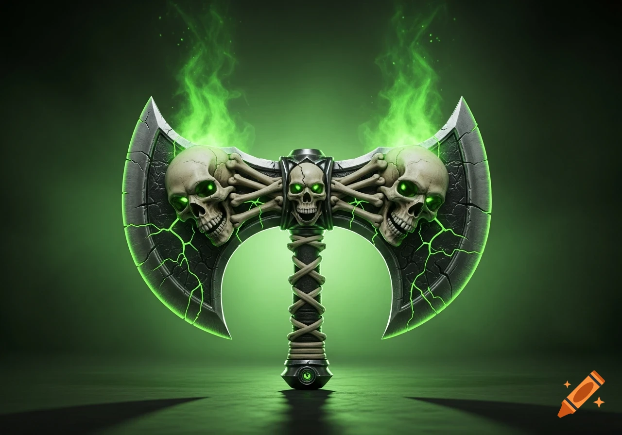 A stylized double-bladed axe adorned with three skulls and bones, glowing with bright green energy and emitting green smoke, set against a dark background.