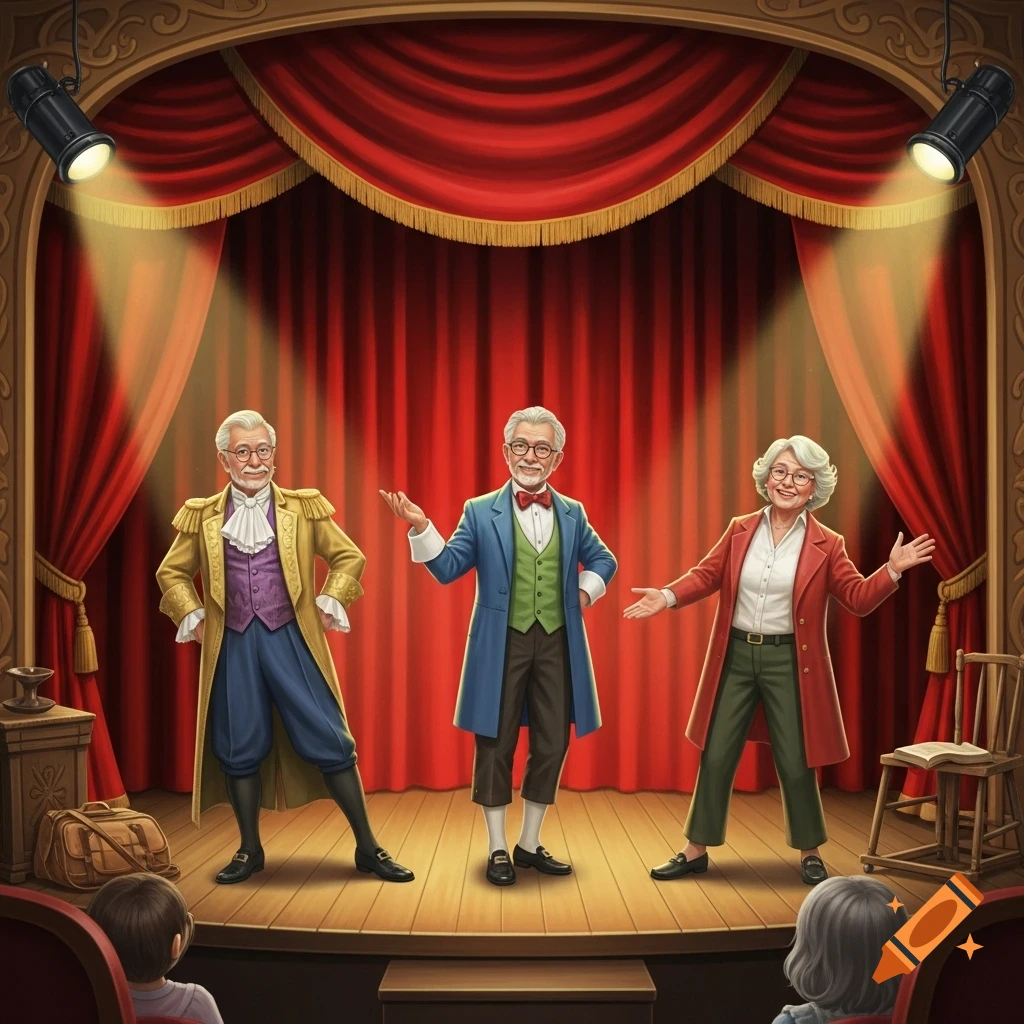 Three smiling seniors in colorful period costumes stand on a brightly lit theater stage with red curtains, performing for an audience.