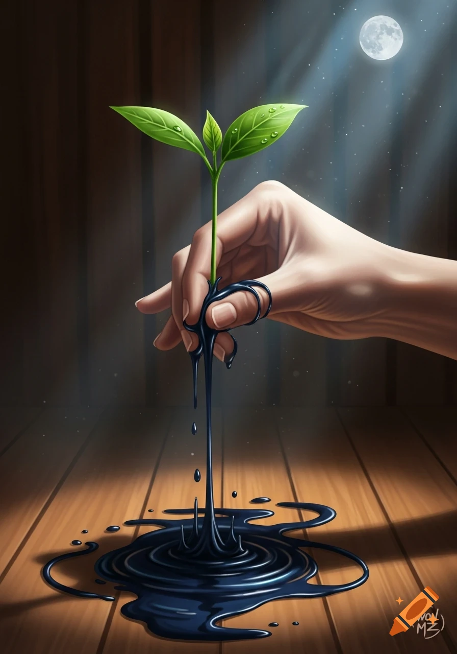 A hand holding a green seedling with black ink dripping onto a wooden floor under a full moon, stylized illustration.
