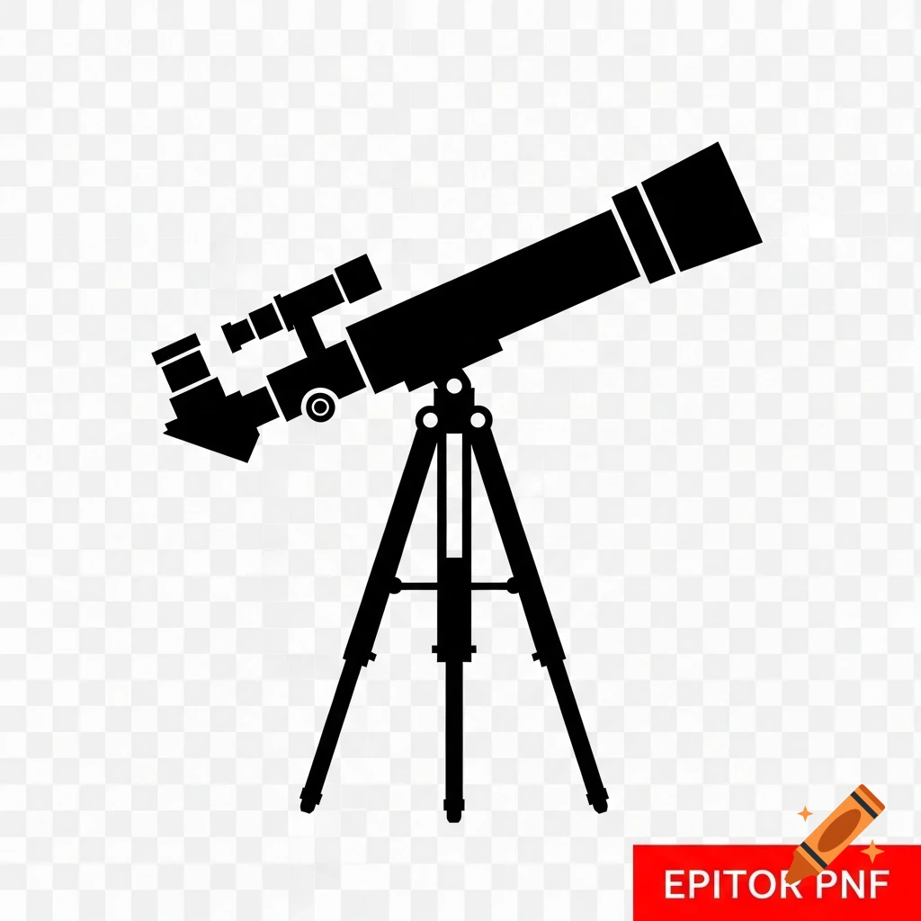 Minimalist black silhouette icon of a telescope on a tripod against a transparent background.