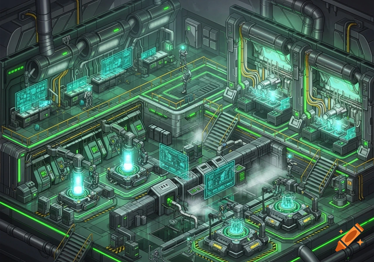 An isometric view of a futuristic science fiction factory with green glowing machinery and robotic figures working.