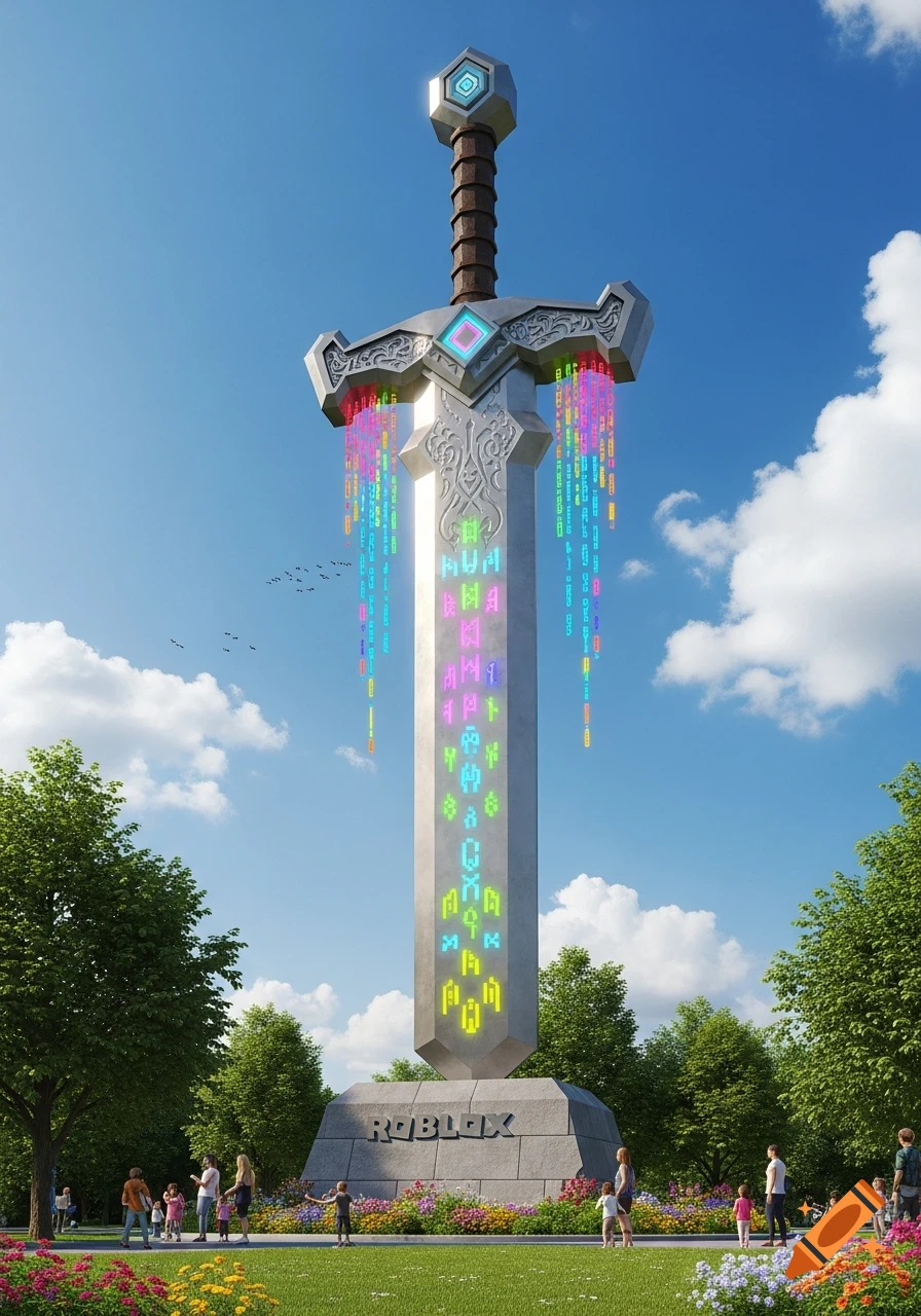 A giant, ornate Roblox sword statue with colorful digital patterns on its blade stands in a sunny park with people strolling around.