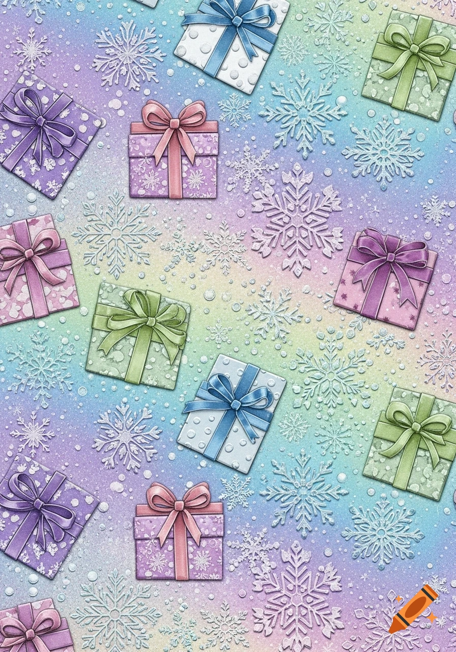 Seamless pattern of pastel gift boxes with bows and white snowflakes on a rainbow gradient background with glitter.