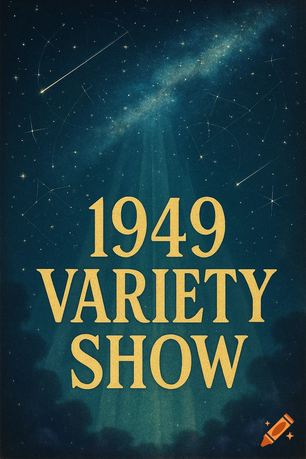 Retro poster with '1949 Variety Show' in gold text against a dark blue starry night sky with the Milky Way.