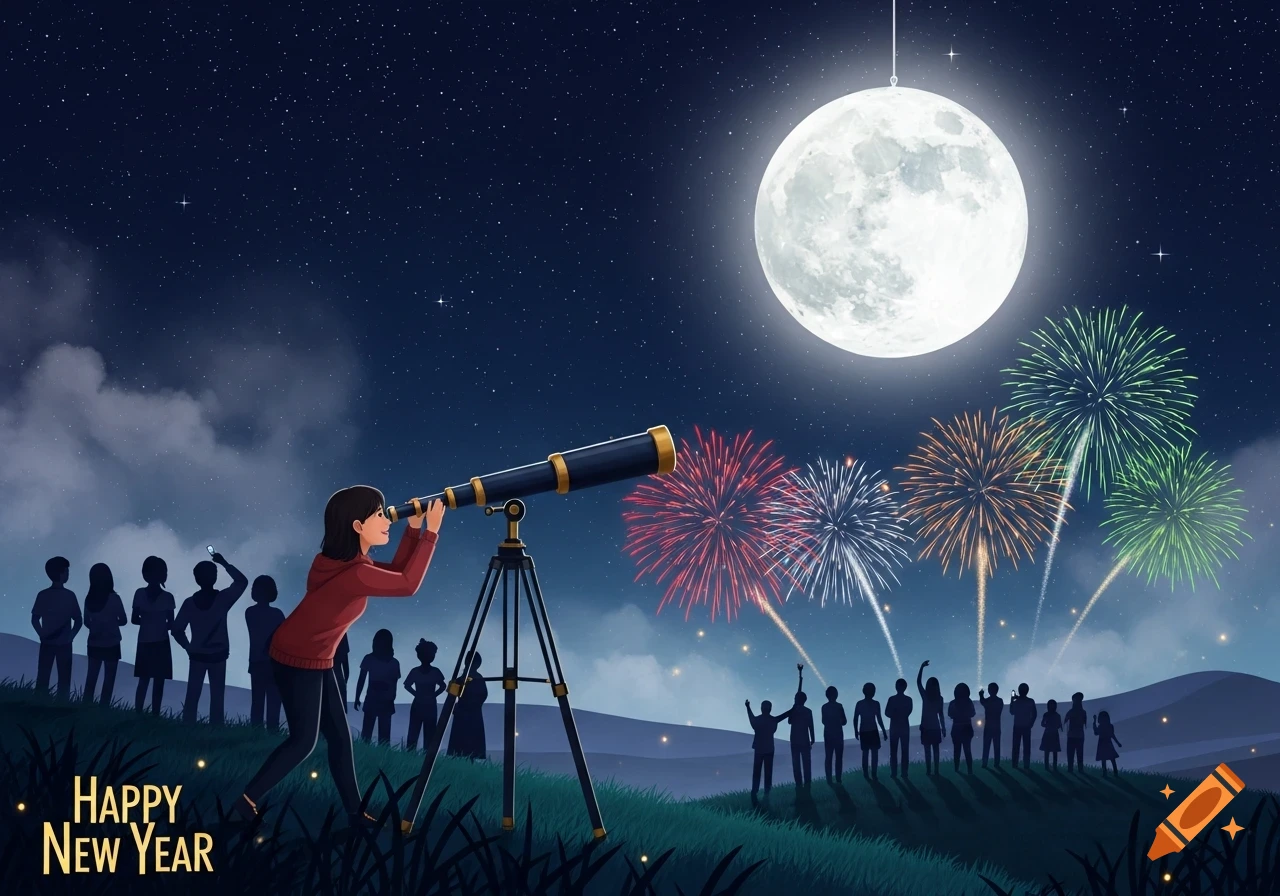 People observe fireworks and a large full moon through a telescope on a starry New Year's night. Text: HAPPY NEW YEAR.