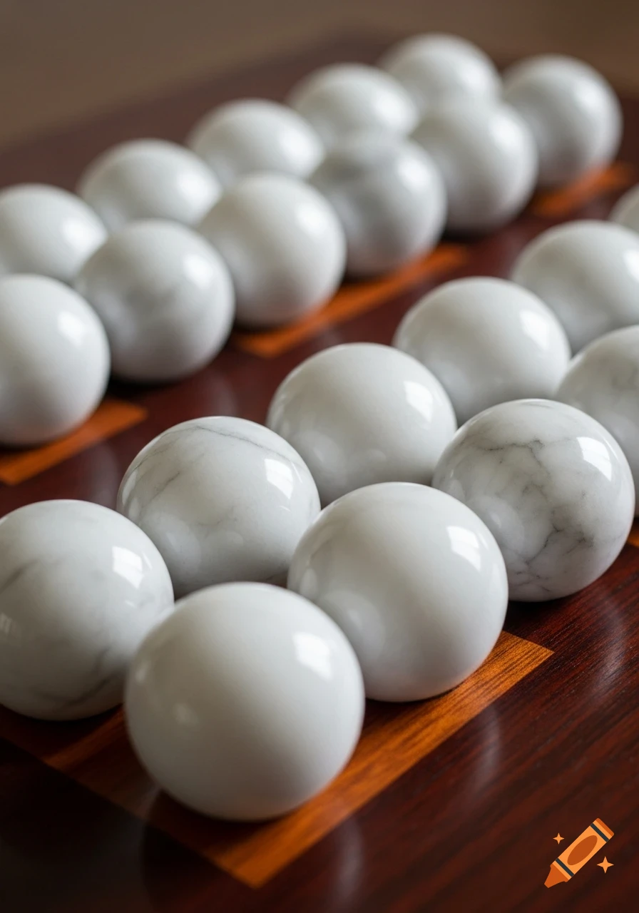 Close-up of numerous white and marble-patterned spherical game pieces arranged in neat rows on a polished wooden game board.